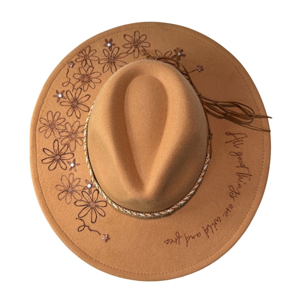 Handcrafted Tan Custom Wood Burned Floral Wide Brim Fedora Boho Western Hat